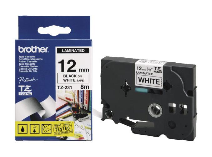 Nhãn Brother Tze-231, Black on White ( chữ đen nền trắng), rộng 12mm